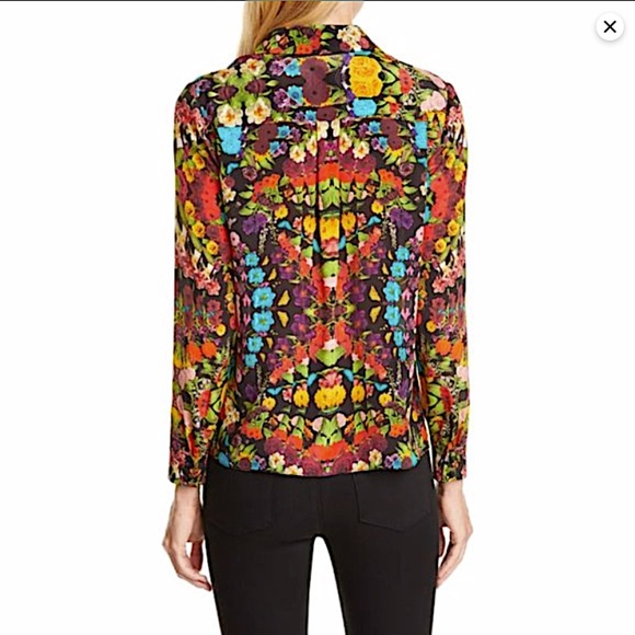 Alice + Olivia Multicolored Silk Kaleidoscopic Floral Print Shir - Picture 3 of 8
